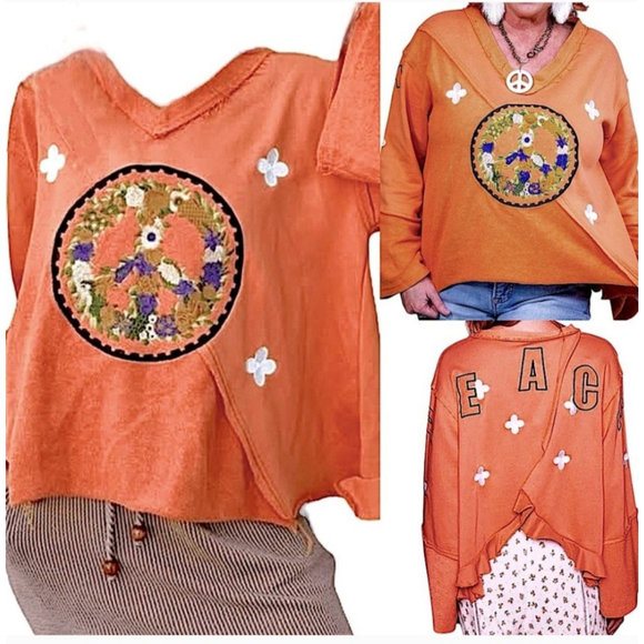 POL Embroidered Peace Sweatshirt V Neck Slit Back Long Sleeves Sz.L Papaya - Picture 9 of 13